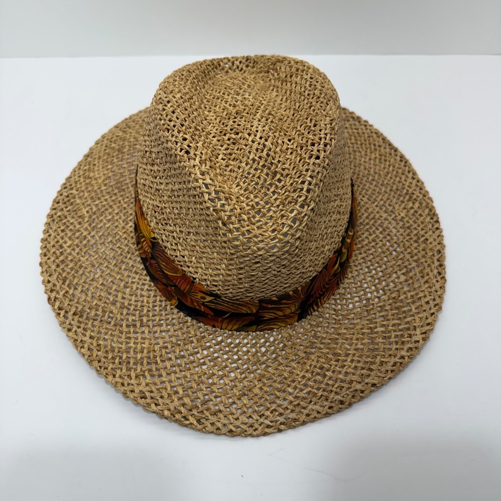 Mens Straw Fedora Hat Tan Open Weave Tropical Fish Band Made in USA One Size